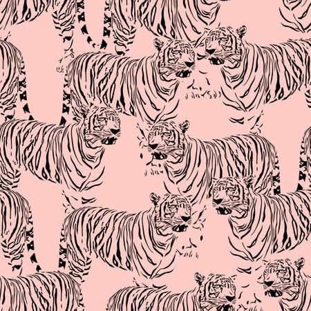 Abstract Tiger seamless pattern. Wild life animals. Black and pink texture background. Illustration.のイラスト素材
