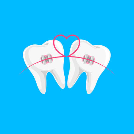 Teeth with braces icon design with heart line. Orthodontic braces flat icon for web and mobile, modern minimalistic flat design. Vector illustration isolated on blue background.のイラスト素材