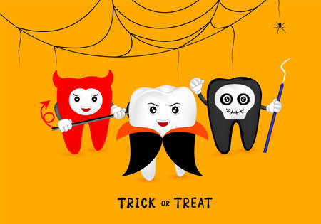 Funny cute cartoon tooth character. Dracula, Skull and devil with cobweb. happy Halloween concept. Design for banner, poster, greeting card. Illustration.のイラスト素材