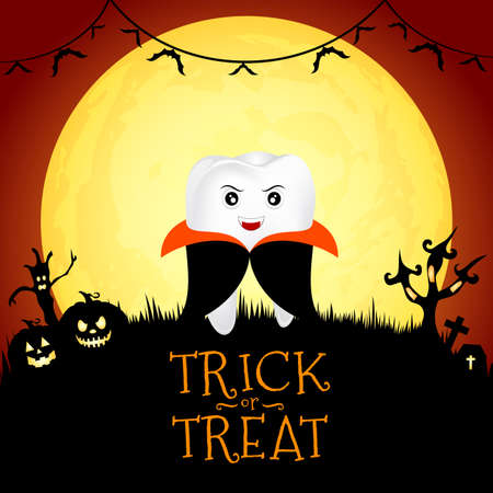 Funny cute cartoon tooth character. Dracula in moon night on halloween. Illustration for banner, poster, greeting card.のイラスト素材