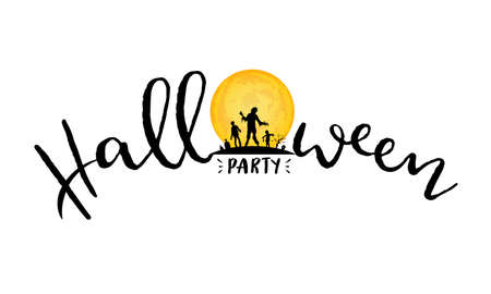 Happy Halloween lettering design. Holiday calligraphy with moon and zombie. Illustration isolated on white background. For poster, banner, greeting card, invitation.のイラスト素材