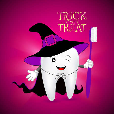 Cute scary tooth character design of Witch. Happy  Halloween concept. Illustration for your poster, banner, greeting card and party invitation.のイラスト素材