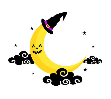 Cute cartoon character moon wearing a witch hat. Happy Halloween concept. Illustration isolated on white background. For poster, banner, greeting card, invitation.のイラスト素材