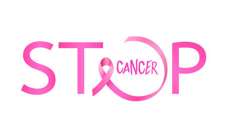 Stop cancer lettering design with pink ribbon. Breast Cancer Awareness Month Campaign. For poster, banner and t-shirt. Vector Illustration isolated on white background.のイラスト素材