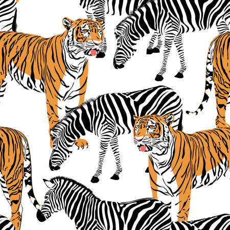 Tiger and zebra seamless pattern. Wild animals background texture. Illustration.のイラスト素材