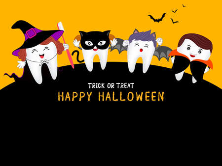 Family cute cartoon tooth character as witch, Dracula, black cat and bat in moon night, happy Halloween concept. Design for banner, poster, greeting card. Illustration.のイラスト素材