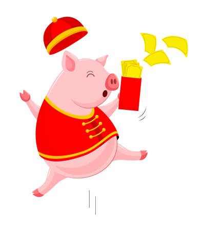 Funny cartoon pig characters wearing traditional Chinese costume. Happy Chinese New Year concept. Happiness piggy jumping. Illustration isolated on white background.のイラスト素材