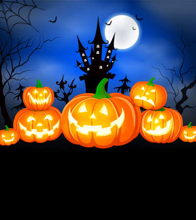 Halloween pumpkins, moon and dark castle on blue background. Happy Halloween concept. Illustration design for greeting card, poster banner or print.のイラスト素材
