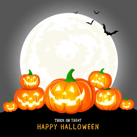 Halloween pumpkins, moon and dark castle on gray background. Happy Halloween concept. Illustration design for greeting card, poster banner or print.のイラスト素材