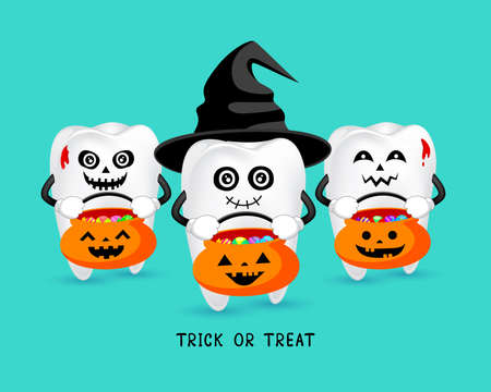 Cartoon spooky tooth with black hat. Trick or treat, Halloween concept. Illustration isolated on green background.のイラスト素材