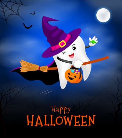 Cute scary tooth character design of Witch. Happy  Halloween concept. Illustration for your poster, banner, greeting card and party invitation.のイラスト素材