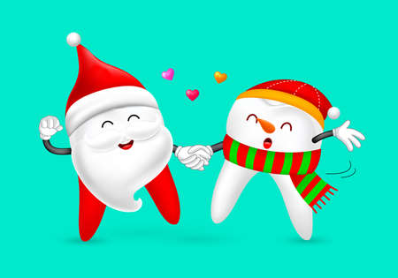 Cute cartoon Christmas tooth characters dancing. Santa clause ad snowman. Funny dental care concept. Illustration isolated on green background.のイラスト素材