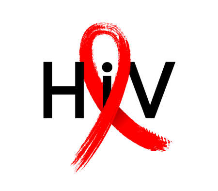 Hiv with red ribbon in brush style. World AIDS Day. Aids Awareness icon design for poster, banner, t-shirt. illustration isolated on white background.のイラスト素材