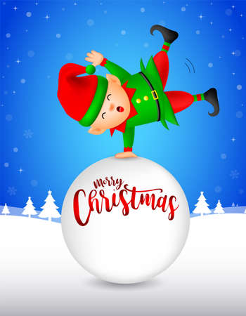 Cute cartoon little elf with snow ball.  Merry Christmas and Happy New Year. Illustration isolated on white background.のイラスト素材