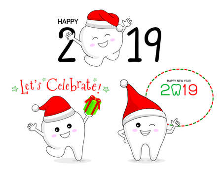 Cute cartoon tooth character with Santa hat. Happy new year, dental care concept. Vector illustration isolated on white background.のイラスト素材