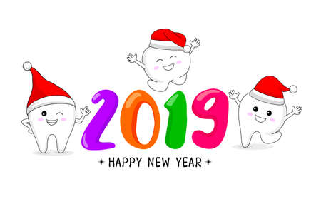 Cute cartoon tooth character with Santa hat. Happy new year, dental care concept. Vector illustration isolated on white background.のイラスト素材