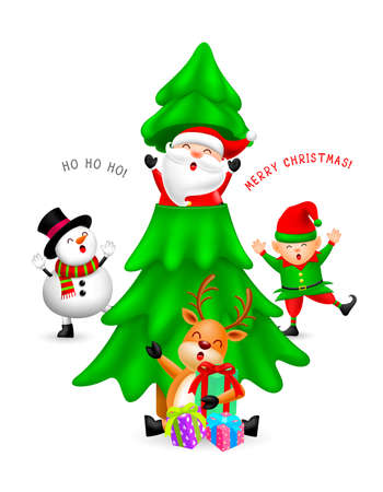 Funny Christmas cartton characters with Christmas tree. Santa Claus, Snowman, elf and Reindeer. Merry Christmas and Happy new year concept. Illustration isolated on white background.のイラスト素材