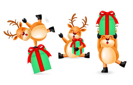 Collection of cute cartoon Reindeer with gift boxes. Merry Christmas and Happy New Year. Illustration isolated on white background.のイラスト素材