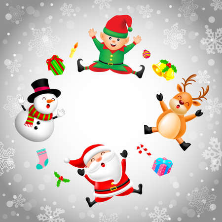 Funny Christmas Characters design, Santa Claus, Snowman, elf and Reindeer on snowflake background. Holly jolly, Merry Christmas and Happy new year concept, Illustration.のイラスト素材