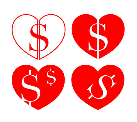 Set of dollar in heart shape. Icon design. Vector illustration isolated on white background.のイラスト素材