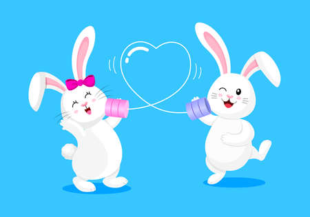 Cute cartoon bunny character, boy and girl talking on the phone. Love emotion, happy valentine's day. Illustration isolated on blue background.のイラスト素材
