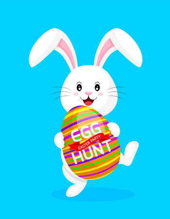 Cute rabbit holding Easter egg. Special offer for Easter. Easter eggs hant, illustration isolated on blue background. Great for your design of poster, greeting card and banner.のイラスト素材