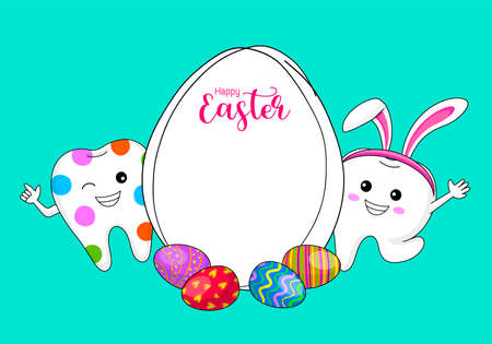 Easter banner background template with bunny tooth. cute cartoon character design. Happy Easter day. Illustration isolated on blue background.のイラスト素材