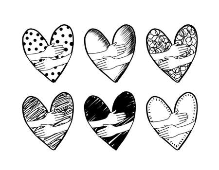 hug hand in heart shape. Hand draw style. Icon design for valentines and wedding. Love and care concept. Illustration isolated on white background.のイラスト素材