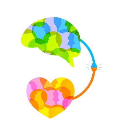 Connection between logic and emotion concept. Human head fill in the shape. Illustration design isolated on white background.のイラスト素材