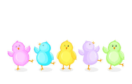 Little chicks cartoon set. Funny colorful chickens in different poses. Vector illustration isolated on white background.のイラスト素材