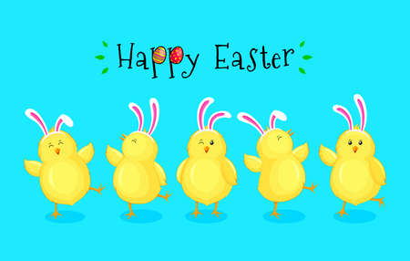 Little chicks cartoon set with rabbit ears decoration. Funny yellow chickens in different poses....