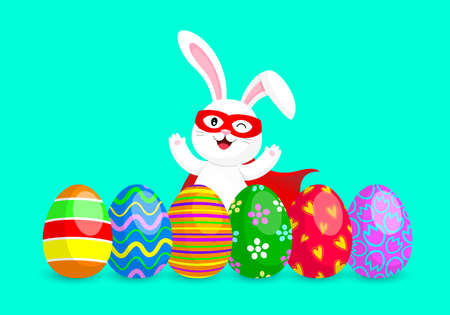 Funny cartoon, super hero rabbit with Easter eggs. Cute bunny in funny costume, mask and cape. Vector illustration isolated on blue background.のイラスト素材