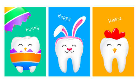 Cute cartoon tooth characters in Easter concept. Rabbit tooth, hen tooth and chick inside a cracked egg. Vector illustration.のイラスト素材