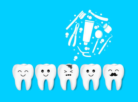 Teeth character with dentin decay. Dental care concept. Illustration isolated on blue background.のイラスト素材