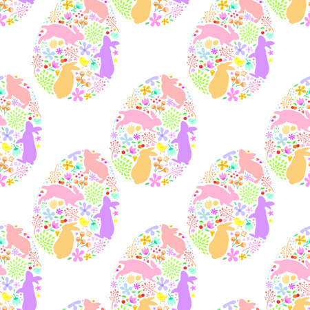 bunnies with nature fill in egg shape. Seamless pattern. Easter holiday design element. Vector illustration isolated on white background.のイラスト素材
