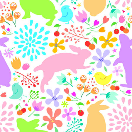 bunnies with nature seamless pattern. Easter holiday design element. Vector illustration isolated on white background.のイラスト素材