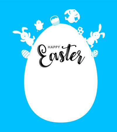 White rabbit and Easter elements. Oval shape banner. Happy Easter day, cartoon character design. Illustration isolated on blue background.のイラスト素材