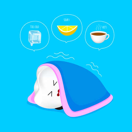 Sensitive tooth. Cute cartoon tooth character with blanket and ice, lemon, coffee.  Dental care concept.  Illustration on blue background.のイラスト素材