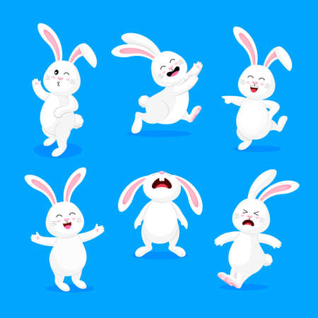 Set of  white rabbits in different pose and expression. Happy Easter day, cartoon character design. Vector illustration isolated on blue background.のイラスト素材