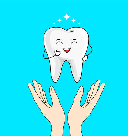 cute cartoon happy tooth character with human hands. Dental care concept. Vector illustration isolated on blue background.のイラスト素材