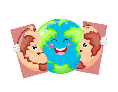 Globe before and after. Pollution and beautiful world. Change the world concept. Illustration isolated on white background.のイラスト素材