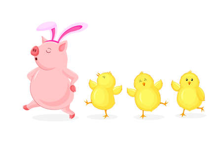 Cartoon pig with rabbit ear walking with little chicks.  Cute Happy Easter day, cartoon character design. Vector illustration isolated on white background.のイラスト素材