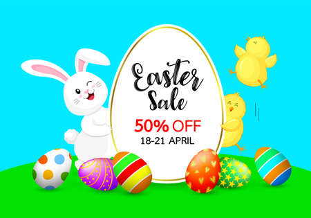 Easter sale with white rabbit and little chicks. Cartoon  character design with oval shape banner. Illustration isolated on blue background.のイラスト素材