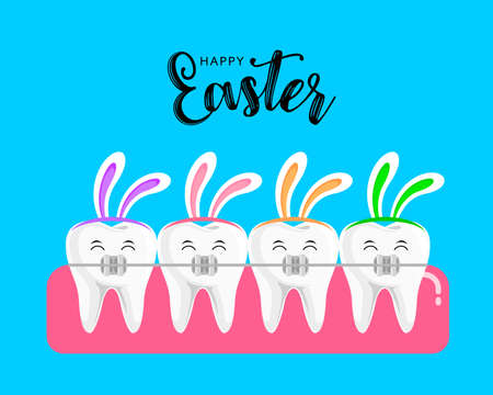 Teeth with braces and rabbit ear. Orthodontic braces in Easter concept. Vector illustration isolated on blue background.のイラスト素材