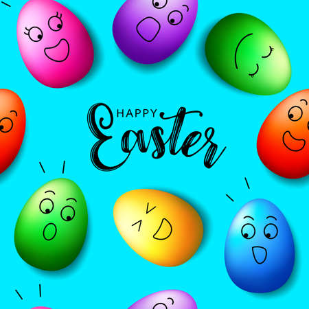 Colorful Easter eggs seamless pattern. Happy Easter holiday concept. Illustration isolated on blue...