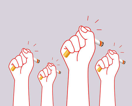 Human hands crushing cigarette. Quitting smoking concept.  World No Tobacco Day. illustration isolated on gray background.のイラスト素材