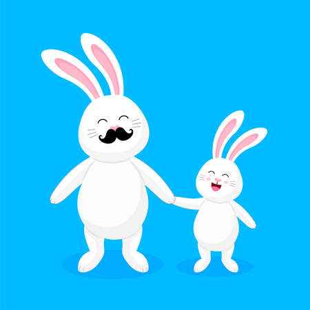 White rabbit dad and child. Happy father's day. Cute cartoon character design. Vector illustration isolated on blue background.のイラスト素材