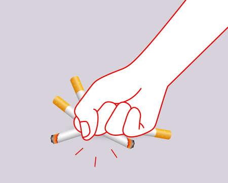 Human hands crushing cigarette. Quitting smoking concept.  World No Tobacco Day. Illustration isolated on gray background.のイラスト素材