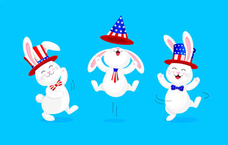 White rabbit jumping and dancing with American hat. Cute bunny. 4th of July. Happy Independence Day. Illustration isolated on blue background.のイラスト素材
