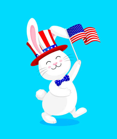 Rabbit with American hat, holds American Flag. 4th of July. Happy Independence Day. Illustration isolated on blue background.のイラスト素材